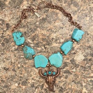 Turquoise and Bronze Cattle Skull Necklace